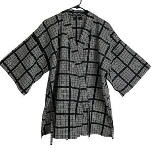 Hiroko Koshino Relaxing Kimono Robe Black White Cotton Tie Printed Japanese